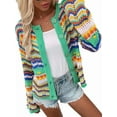 thumbnail image 2 of Women'S Multicolored Striped Crochet Knit Cardigan Crew Neck Flared Sleeve Button Y2K Sweater Coat Green S, 2 of 10