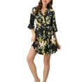 thumbnail image 2 of INSPIRE CHIC Women's Silk Robes 3/4 Sleeves Tie Waist Floral Satin Pajamas S Black, 2 of 6