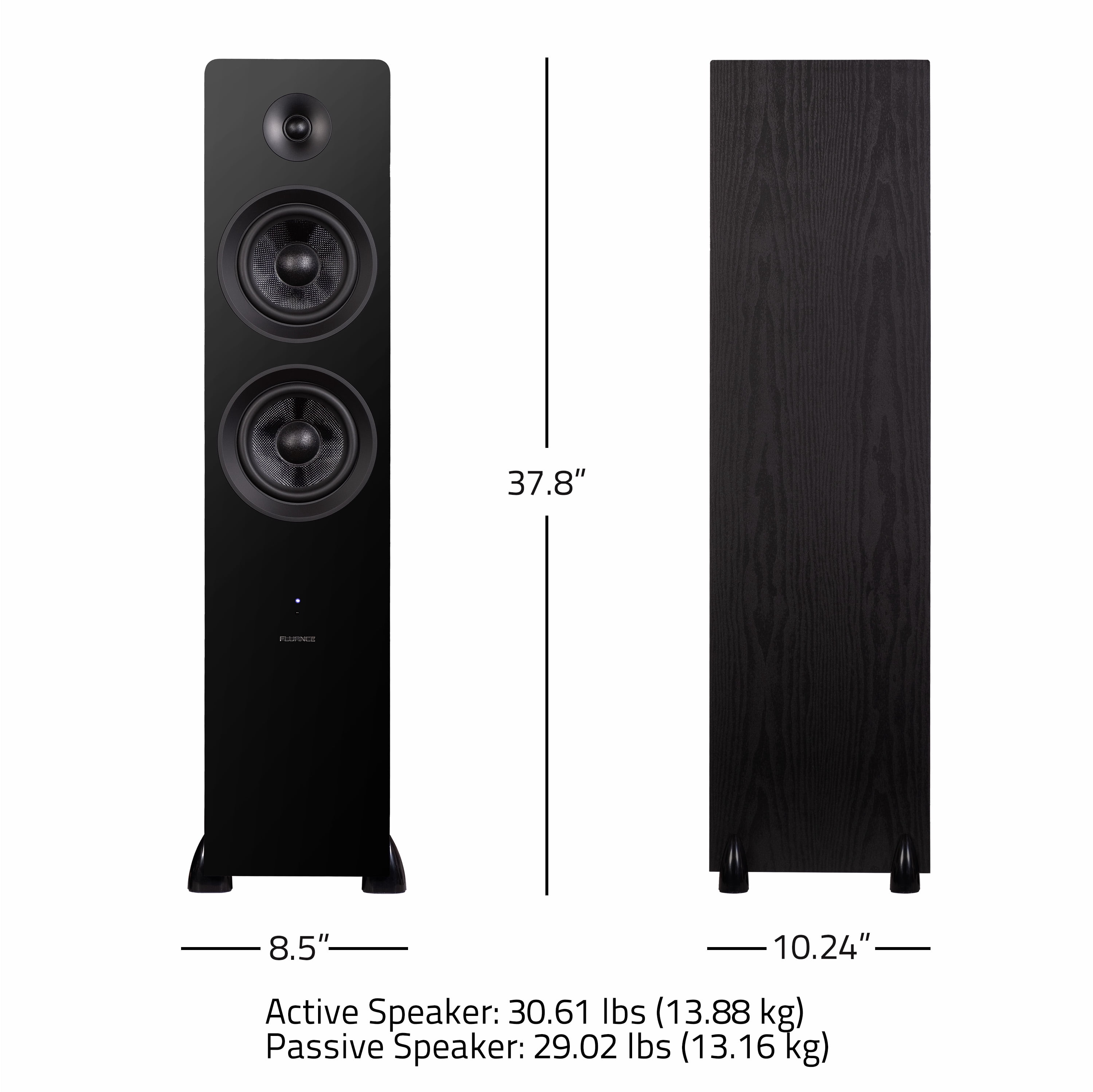 Fluance Ai81 Elite Powered 2-Way Floorstanding Tower Speakers, 150W Built-in Amplifier for 2.0 Stereo Music & Movie Listening, TV, Turntable, PC & Bluetooth - 2x RCA, Optical, Sub Out (Black Ash)