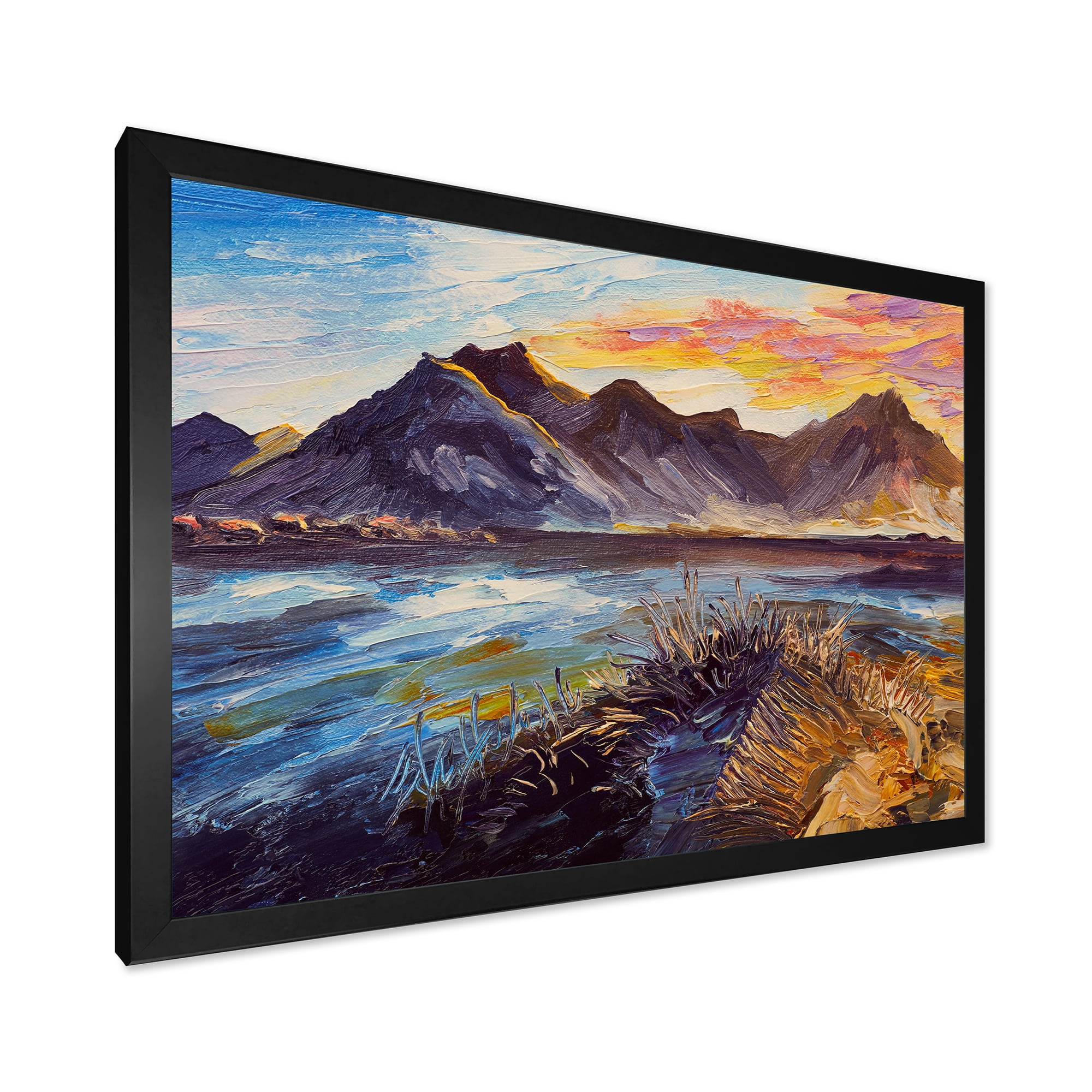 Designart 'Impression Pink Sunset Over The Mountains By The Sea' Nautical & Coastal Framed Art Print