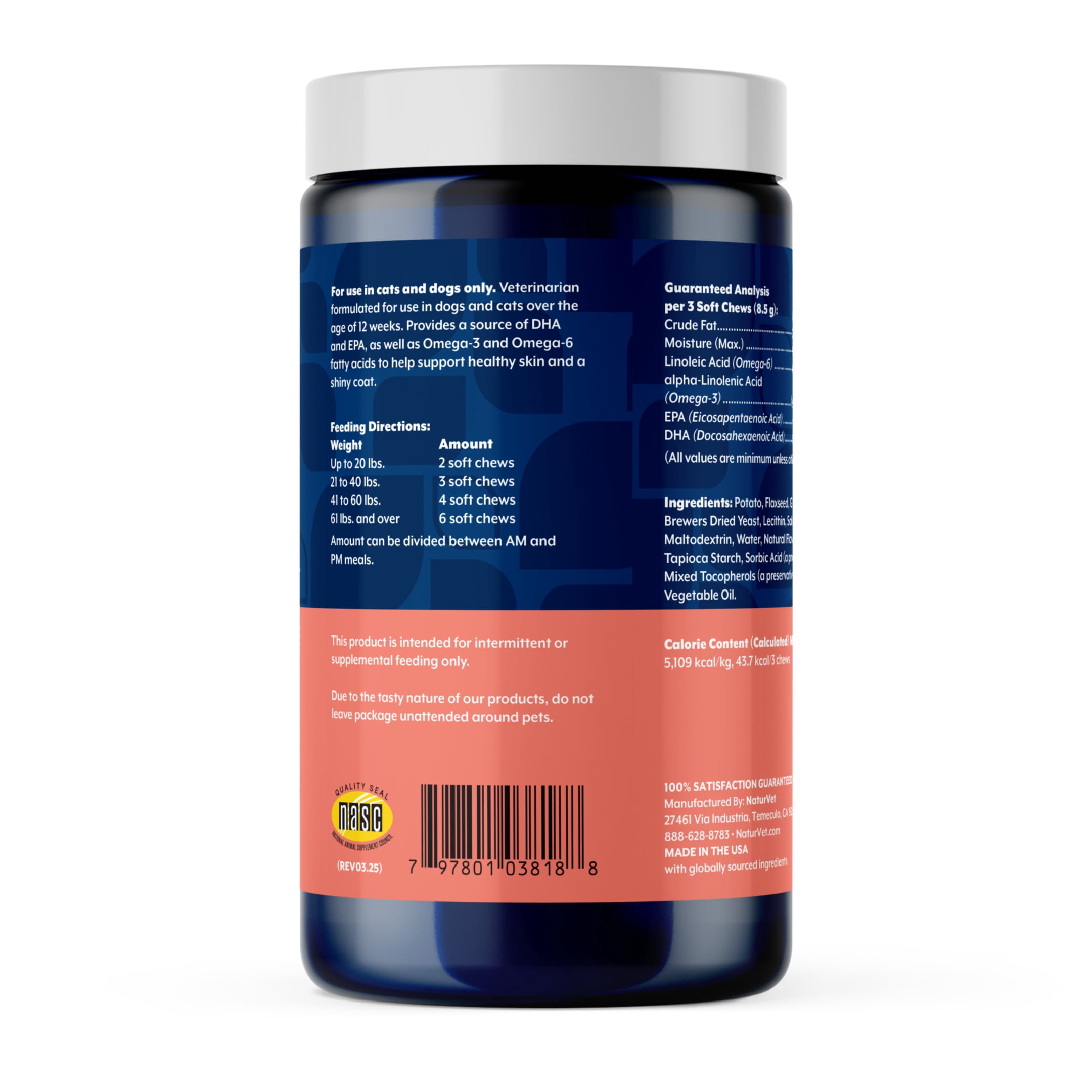 NaturVet Omega Gold Skin & Coat Supplement for Dogs and Cats, Bacon and Chicken Flavor, 180 Count