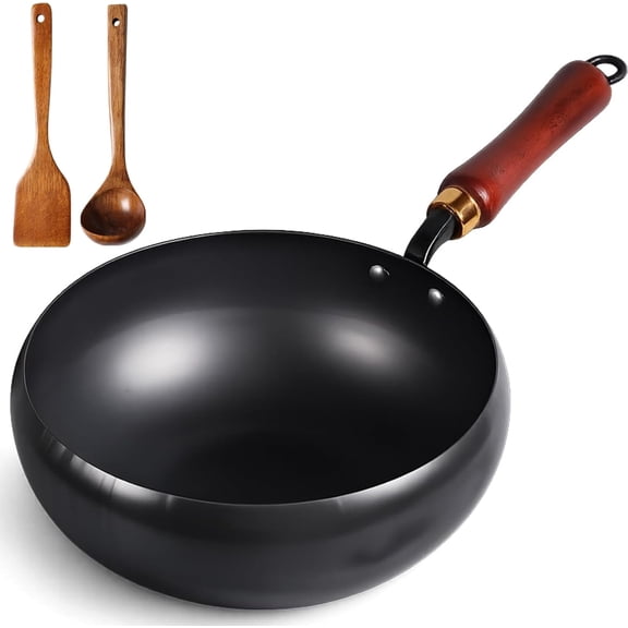 2026 Asian Cast Iron Pot, Uncoated Cast Iron Wok Pan, Hand Hammered Uncoated Healthy Pot with Lid, Rust-Free Durable Non-Stick Pan,for Gas & Induction Stove (Smooth Surface,11'')