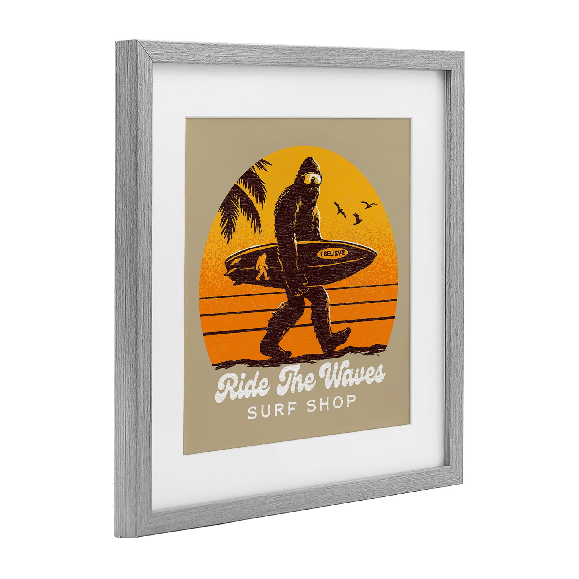 Ride The Waves Surf Shop Gray Framed Print Under Glass, design by Jedco Brands Inc.