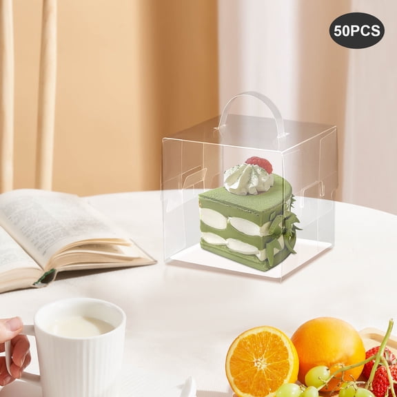 50 Pcs Clear Cake Boxes, Square Clear Cake Boxes, Cake Carrier with Handle