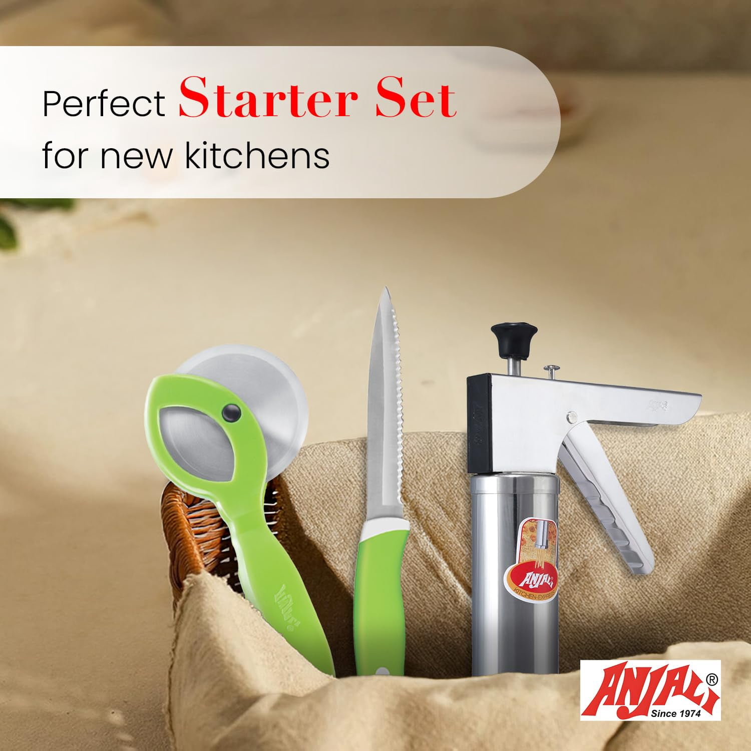 Anjali Stainless Steel Sev Sancha Maker, Pizza Cutter & 9.4-Inch Utility Kitchen Knife – Indian Snack Press for Chakli, Murukku, Sev – Manual Kitchen Tool Set for Home Cooking