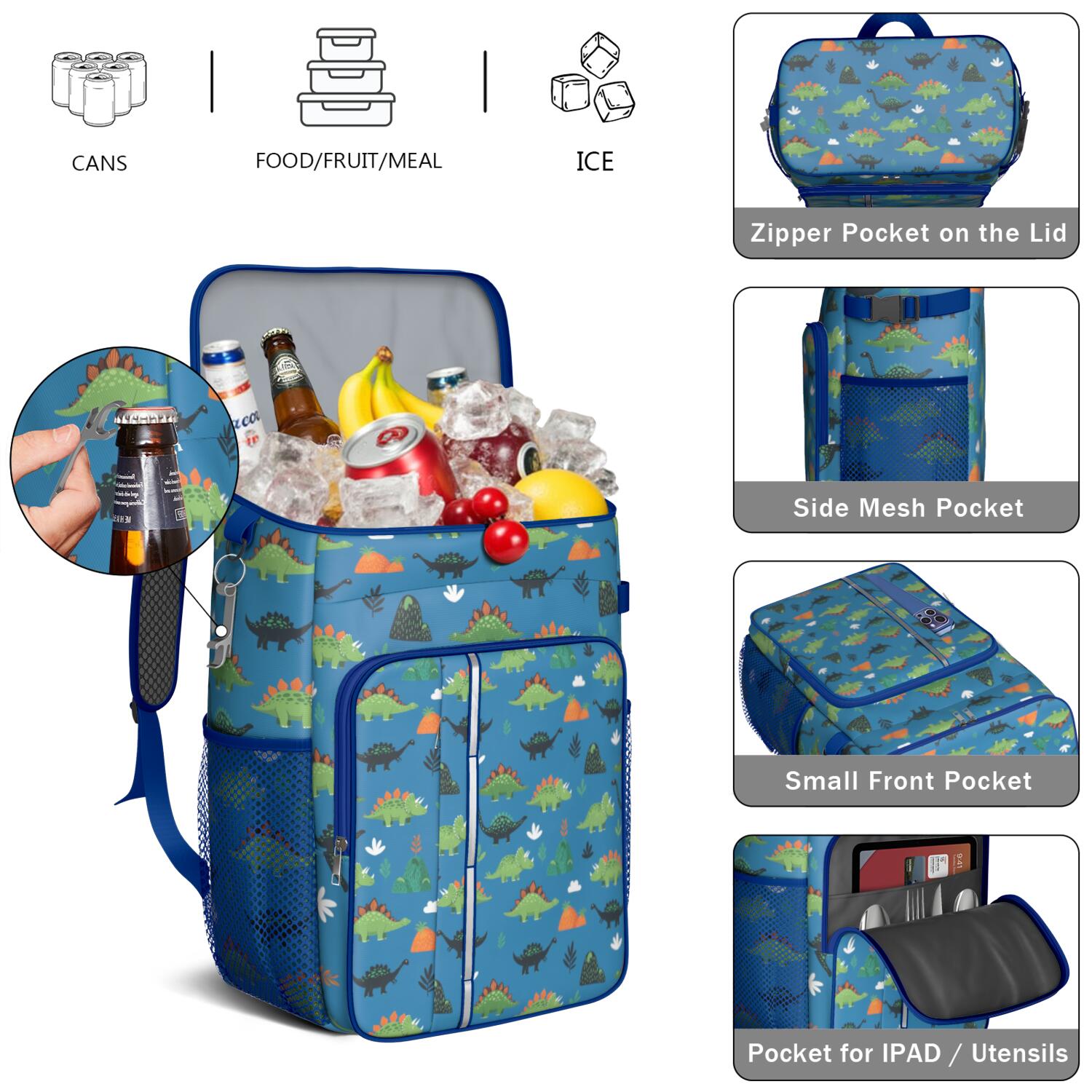 Travel Cooler Bag - Blue Cartoon Dinosaurs Mountains Pattern Camping Beer Cooler Backpack with Bottle Opener- Waterproof Insulated Picnic Backpacks - Cooler Bag for Beach