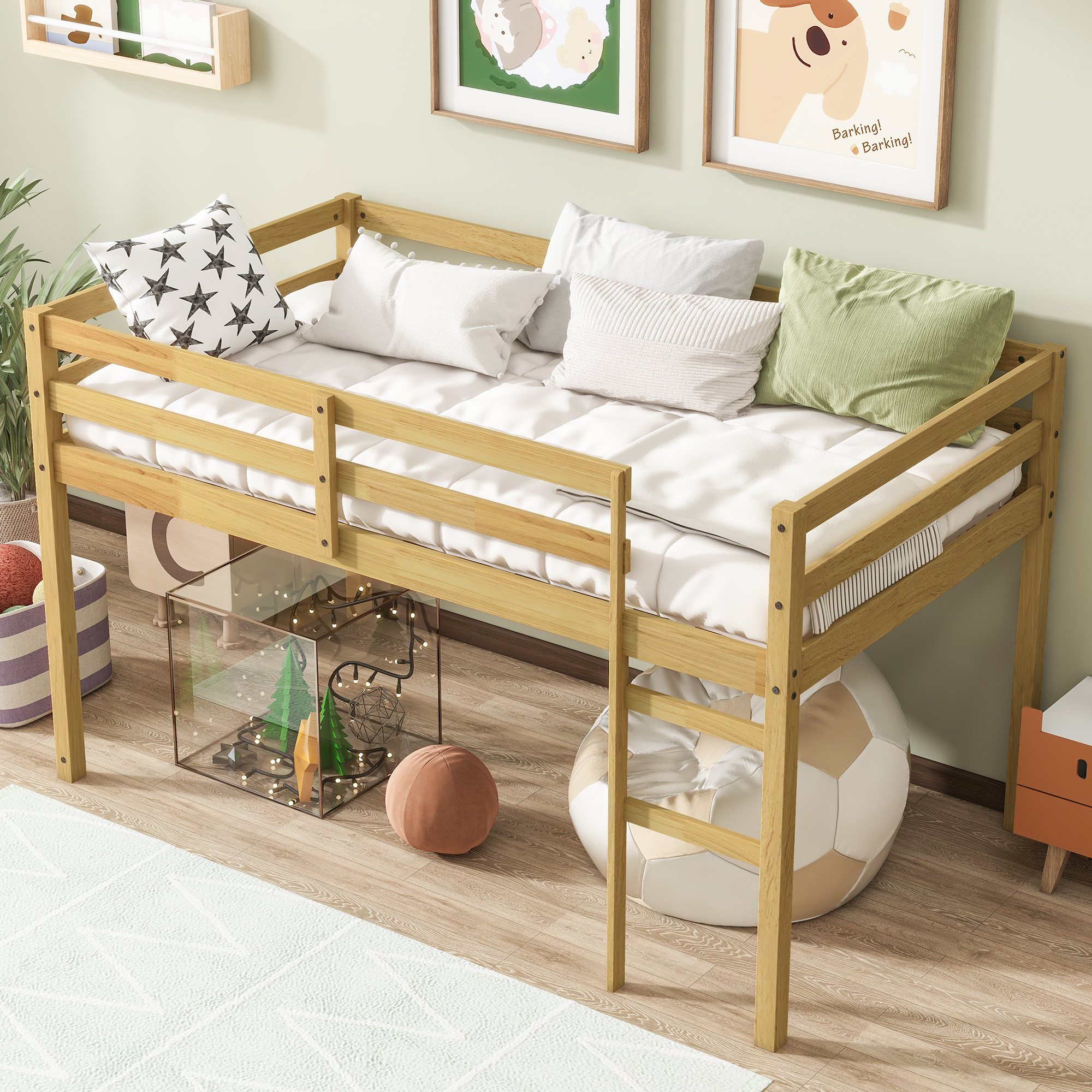 Leumius Twin Loft Bed with Ladder, Bed Platform of Strengthened Slats Solid Wooden Bed for Boys Girls Natural