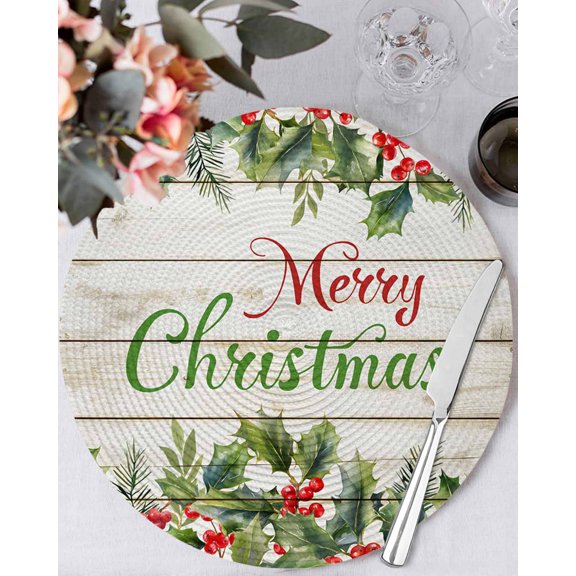 15 Inch Round Placemats Set of 4, Merry Christmas Non Slip Heat Insulation PP Table Mats, Xmas Winter Pine Needles Berries Wood Washable Place Mats for Kitchen Dining Party Table Decor