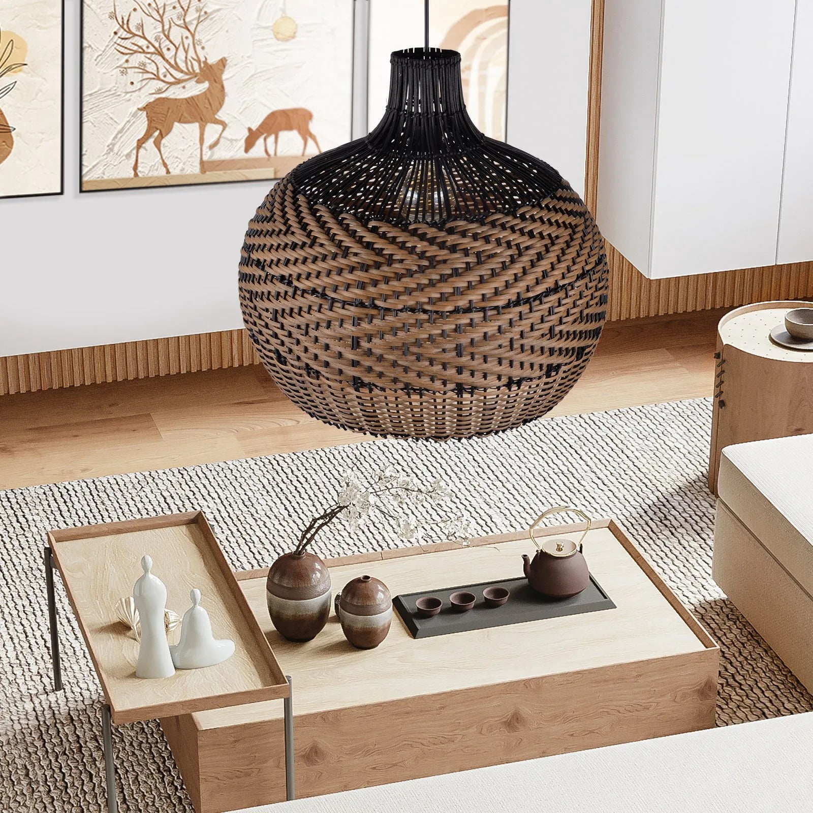 LittleGlovo Dining Room Black Brown Rattan Pendant Light Fixture Wabi-sabi Vintage Lamp