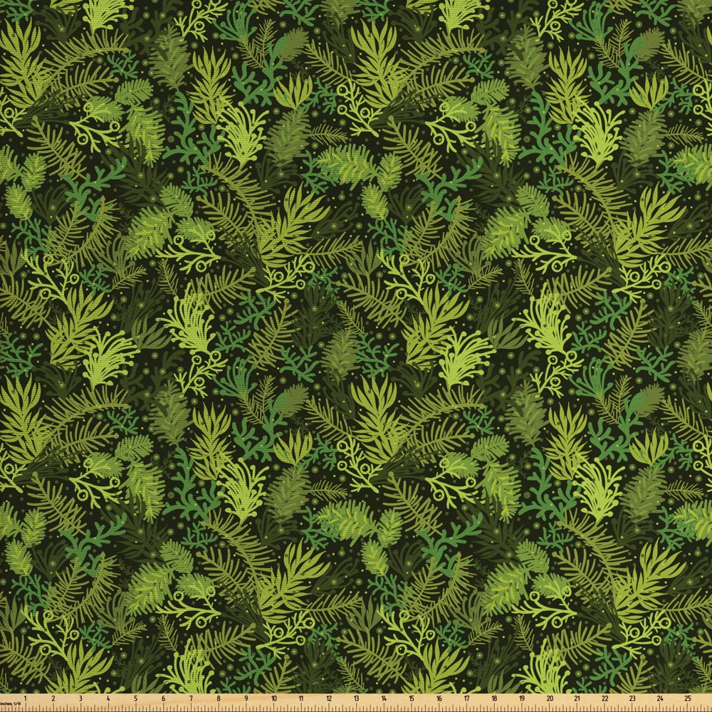 Sage Fabric by The Yard, Evergreen Christmas Tree Coniferous Fir Pine Leaves Retro Seasonal