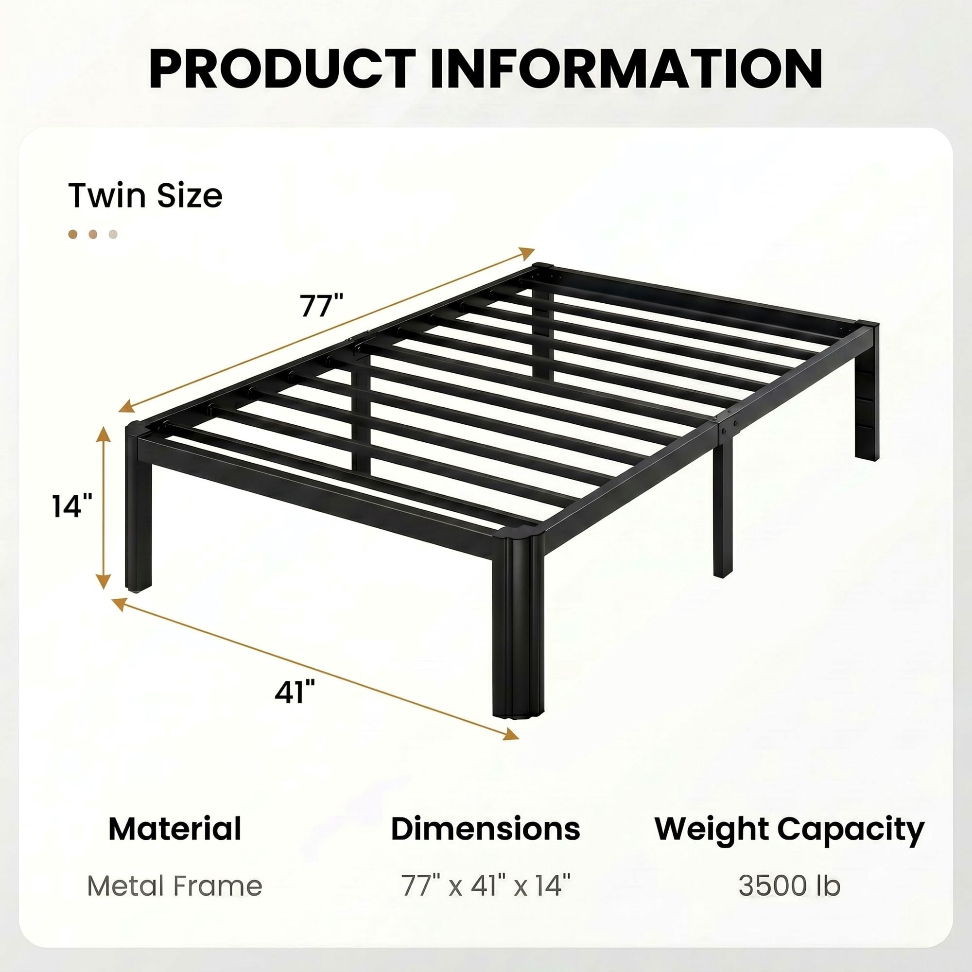 Merrland Twin Bed Frame, 14" Metal Platform Bed Frame with Fan-Shaped Legs, 3500 lbs Capacity, Under-Bed Storage Space, Easy Assembly, Black