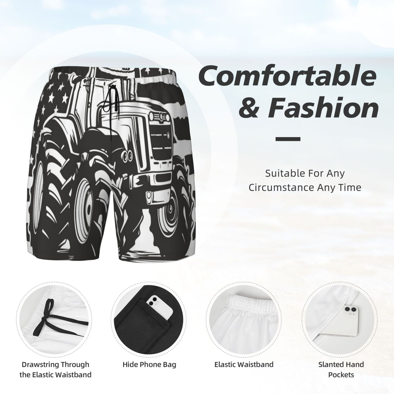 Gukieu American Tractor Print Men's Double Layer Sports Swim Trunks, Quick Dry Adjustable Waist Swim Shorts Swimwear-Medium