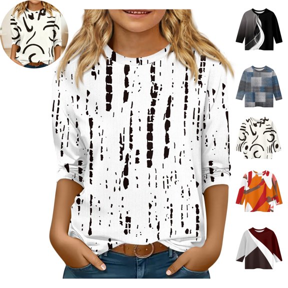 Mfakffe Kids Crew Neck 3/4 Sleeve Tops Retro Geometric Color Block Printed Casual T-Shirt Soft Loose Fit Fashion Tee for Children Daily Wear