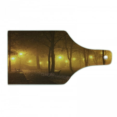 

Fall Cutting Board Foggy Evening in the Park Autumn Season Nature Outdoors Misty Peaceful View Decorative Tempered Glass Cutting and Serving Board Wine Bottle Shape Marigold Caramel by Ambesonne