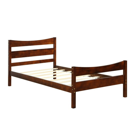 Gymax Twin Size Platform Bed Frame Foundation w/Headboard &Wood Slat Support Walnut