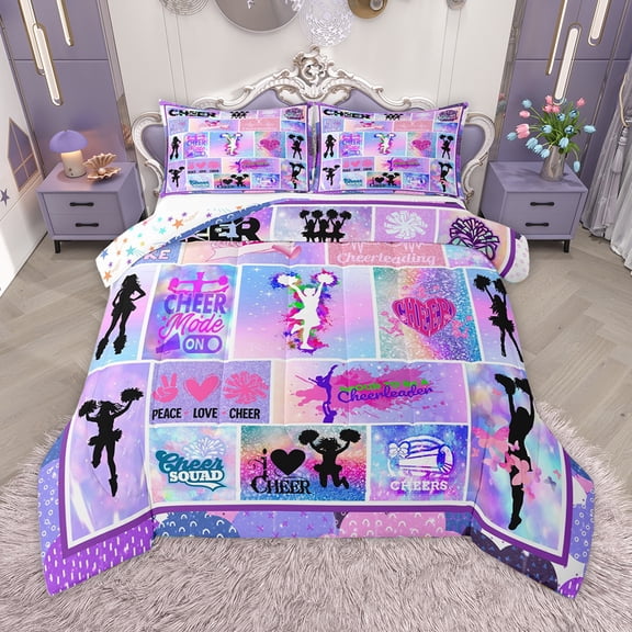 Homewish Kids Cheer Cheerleading Bedding Comforter Set,Cheerleader Dancing Lovers Twin Comforter Sets,Purple White Bedding Set For Girls,Breathable Home Decor Reversible,2 Pieces