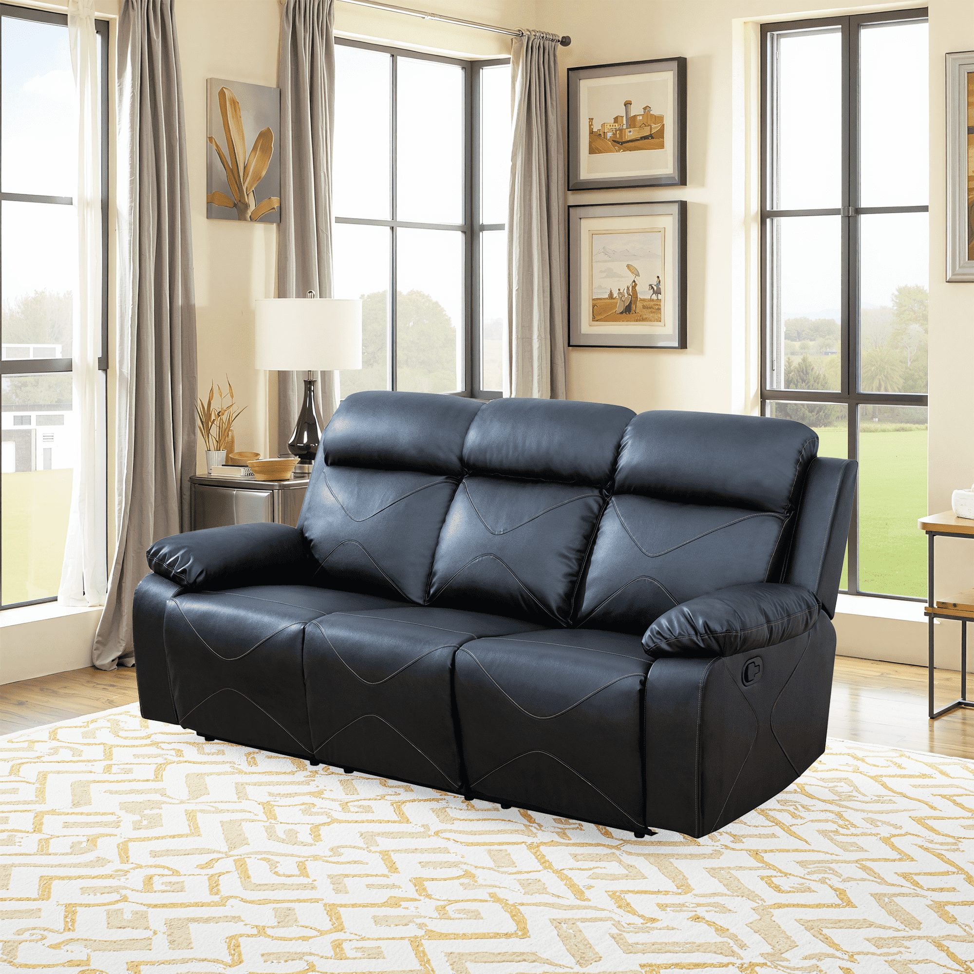 MAYEERTY 85" Modern Upholstered Breathing Leather Sofa - For Living Room, Black