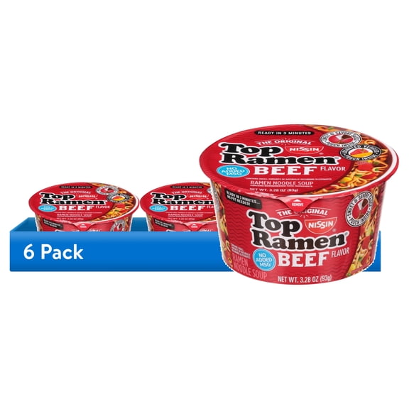 (6 pack) Nissin Foods Top Ramen The Original Ramen Noodle Soup, Beef Flavor, 3.28 oz Bowl, Shelf-Stable