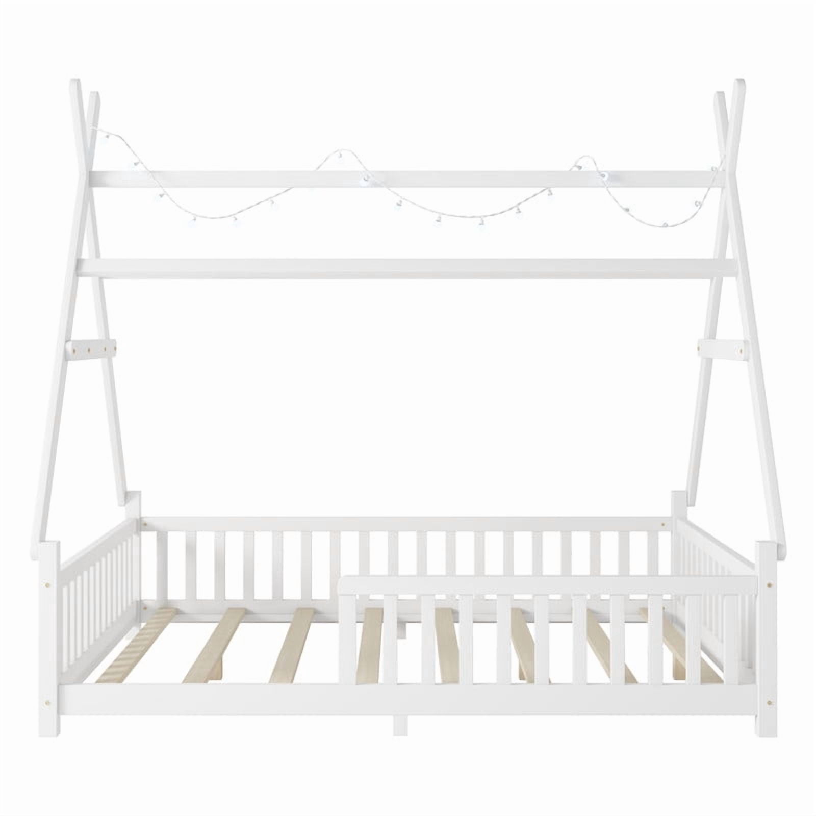 Mirightone Full Size Tent Beds with Hanging Rack, Teepee Floor Bed, Detachable Floor Bed with Slats and Fence Rails, Wood House Bedframe for Boys Girls, White