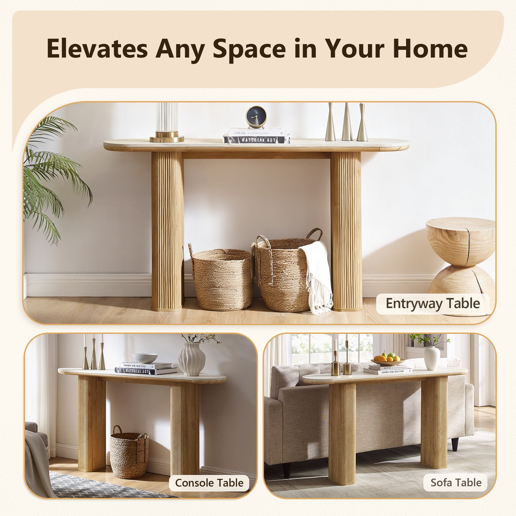 KeyWhat 63" Entryway Console Table with Fluted Wood Base, Modern Sofa Table Behind the Couch for Living Room, Hallway, Entrance, Foyer, Natural Oak