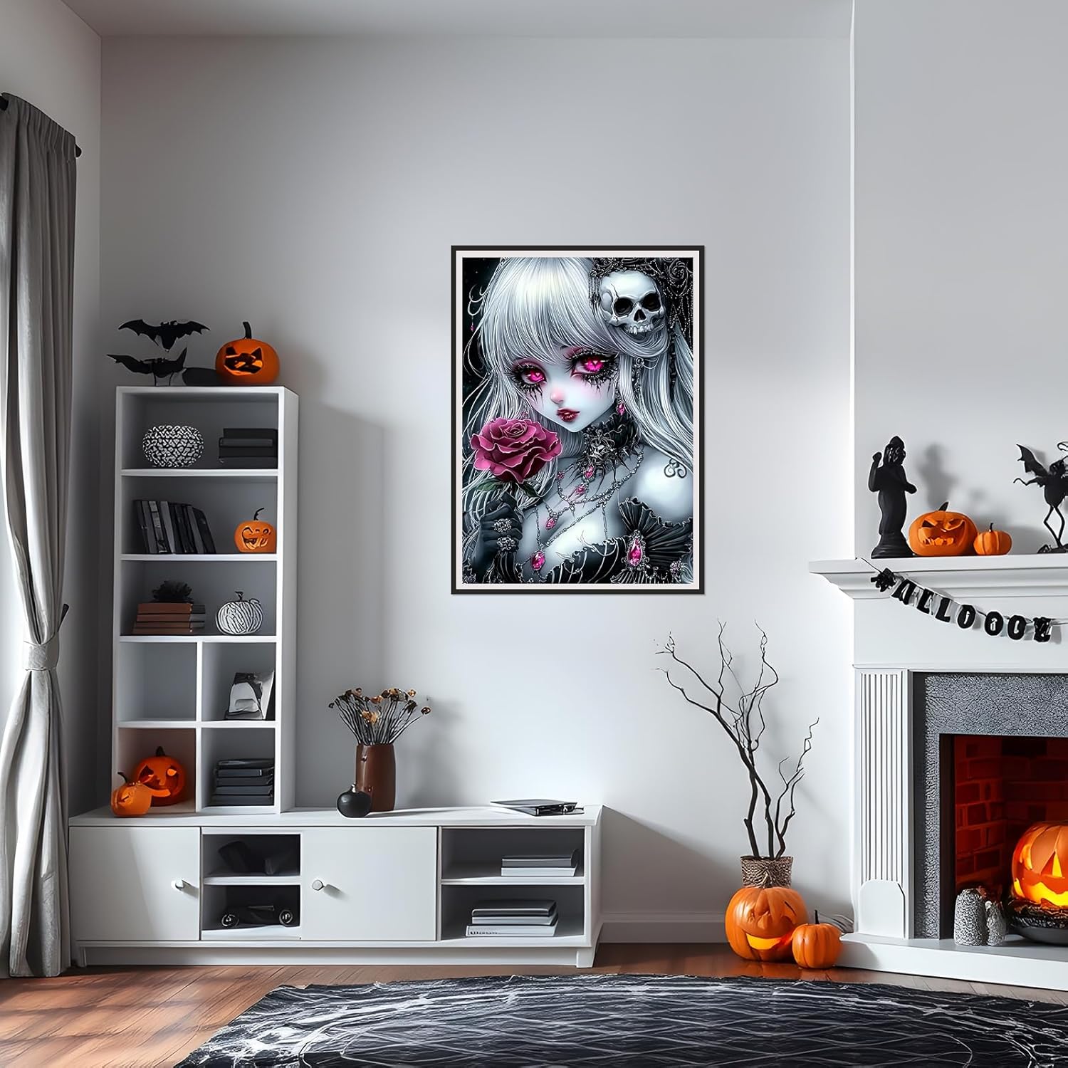 Adult Gothic Diamond Art Kit, Halloween Flower Woman DIY 5D Diamond Painting Kit, Full Diamond Diamond Dot Painting with Diamond Gemstone Arts and Crafts Home Decor 16x20 Inch Unframed