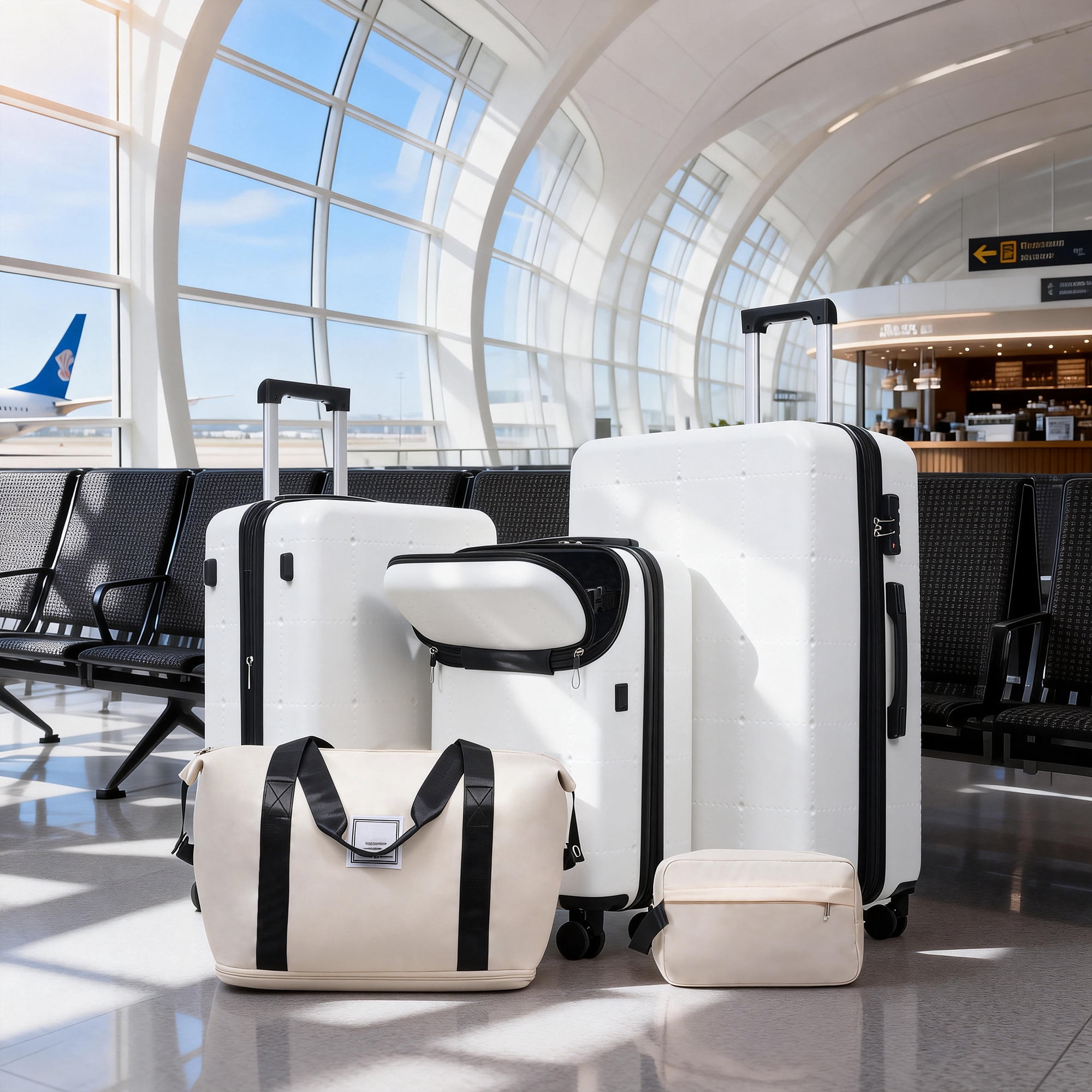 Euroco Luggage Sets 5 Piece, ABS Hardside Expandable Suitcase Set with TSA Lock Spinner Wheels and 2 Bags,20" Half-opening Carry on Luggage with USB Port for Travel,White(20"/24"/28")