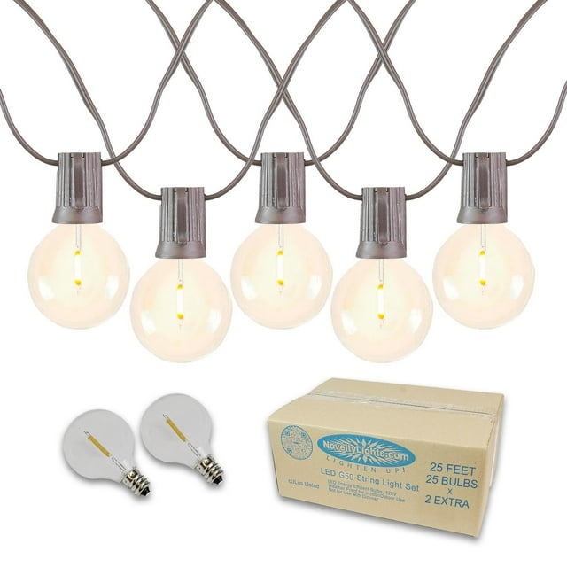 Novelty Lights 25 Feet G50 LED Patio String Lights with 25 Bulbs, Warm White, Weather Resistant and Shatterproof Replaceable Plastic Globe Bulbs, Brown Wire