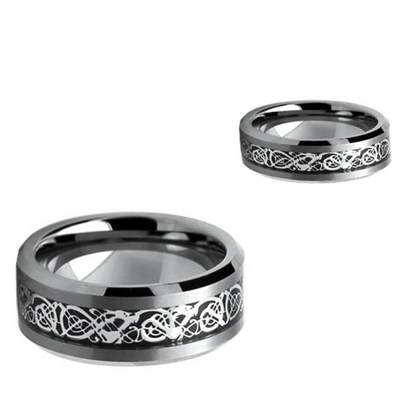 Tungsten Carbide 8MM/6MM For Him & Her Celtic Dragon Over Black Carbon Fiber Inlay Wedding Band Ring Set