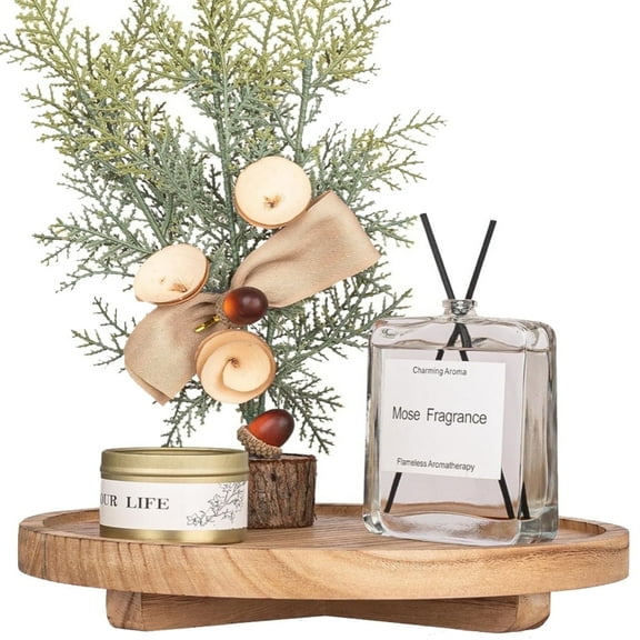 Round Decorative Tray, Versatile Bathroom & Kitchen Organizer , 10" Brown Riser for Soap, Perfume, Candle, Wooden