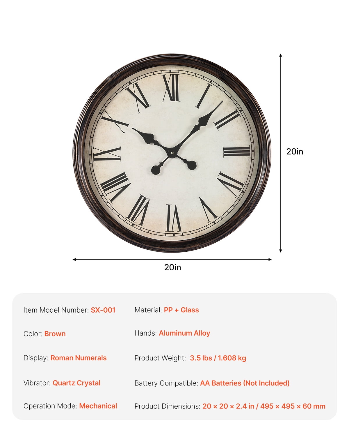 KFFKFF Wall Timepiece, 20-inch Roman Numeral Clock, Battery-Powered Quiet Traditional Decorative Circular Timekeepers, Suitable for Living Space, Bedroom, Office, Kitchen, Dining Area, Homely Decor