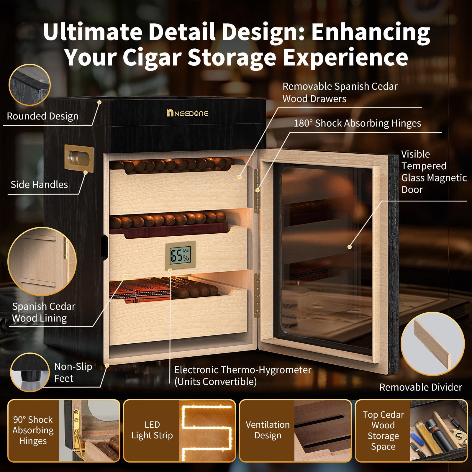 NEEDONE Cigar Humidor, Glass Top Drawer & LED Lighting,3 Humidifiers,Cedar Wood Shelves,Desktop Humidor Box Case Cabinet can Hold 150 Cigars,Gift for Men