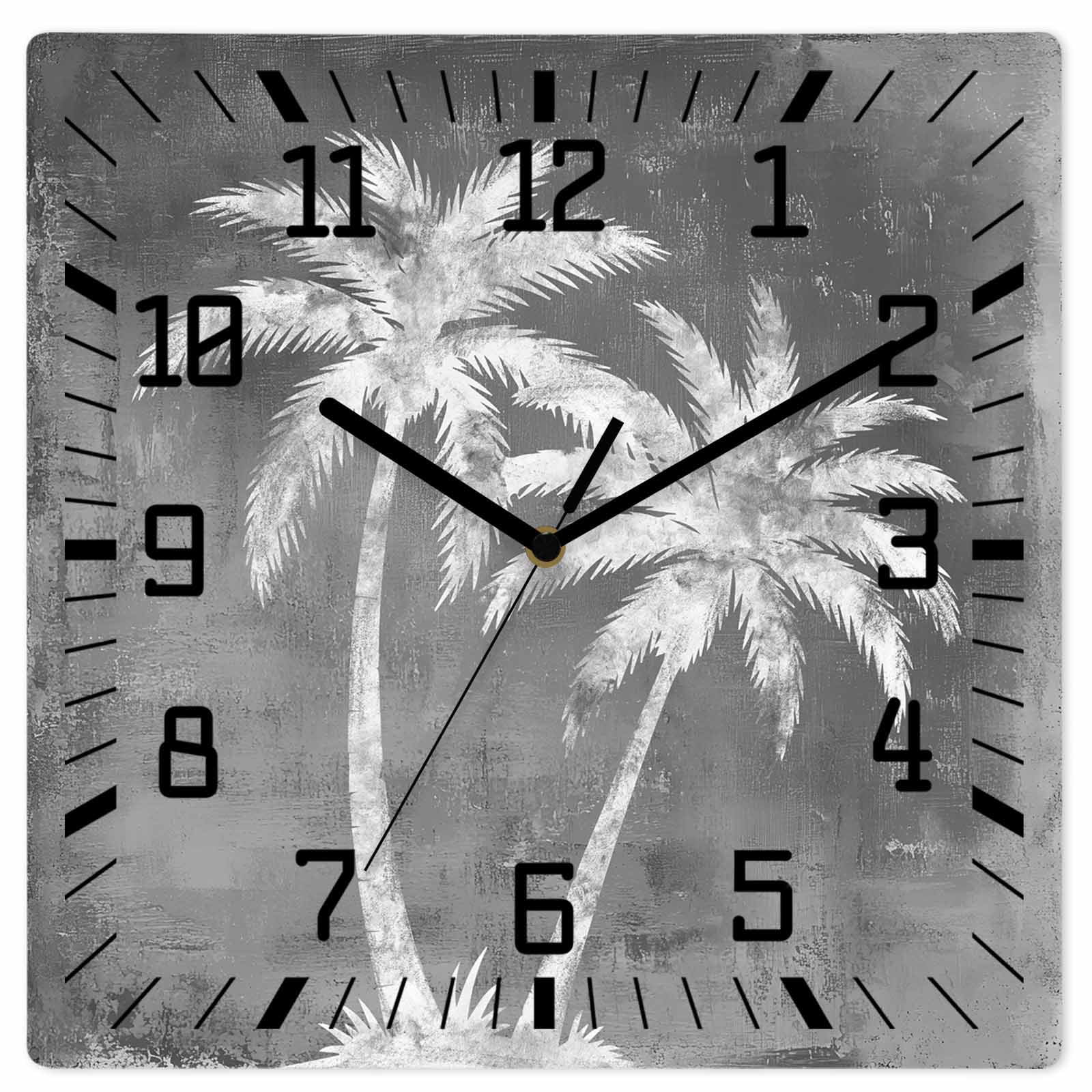 Wall Clock Tropical Palm Tree Operated Square Clocks Wooden Silent Non-Ticking Wallclock 12 Inch Summer Coastal Grey Wood Wall Clock for Living Room Bedroom Office Shool Home Decor