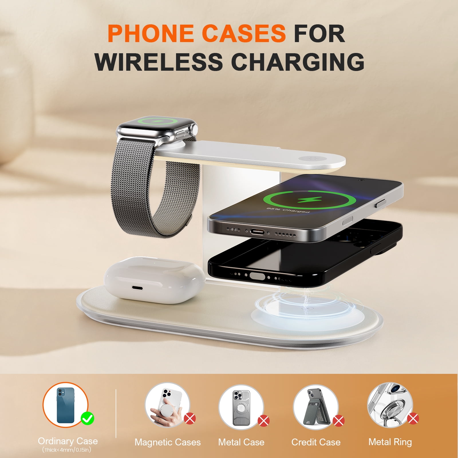 4 in 1 Wireless Charger,Charging Station with Soft Night Light,15W Max Fast Charging Holder for iPhone 17 16 15 14 13 12,for iWatch Series,for AirPods,ideal for home and travel,Silver Charging Dock