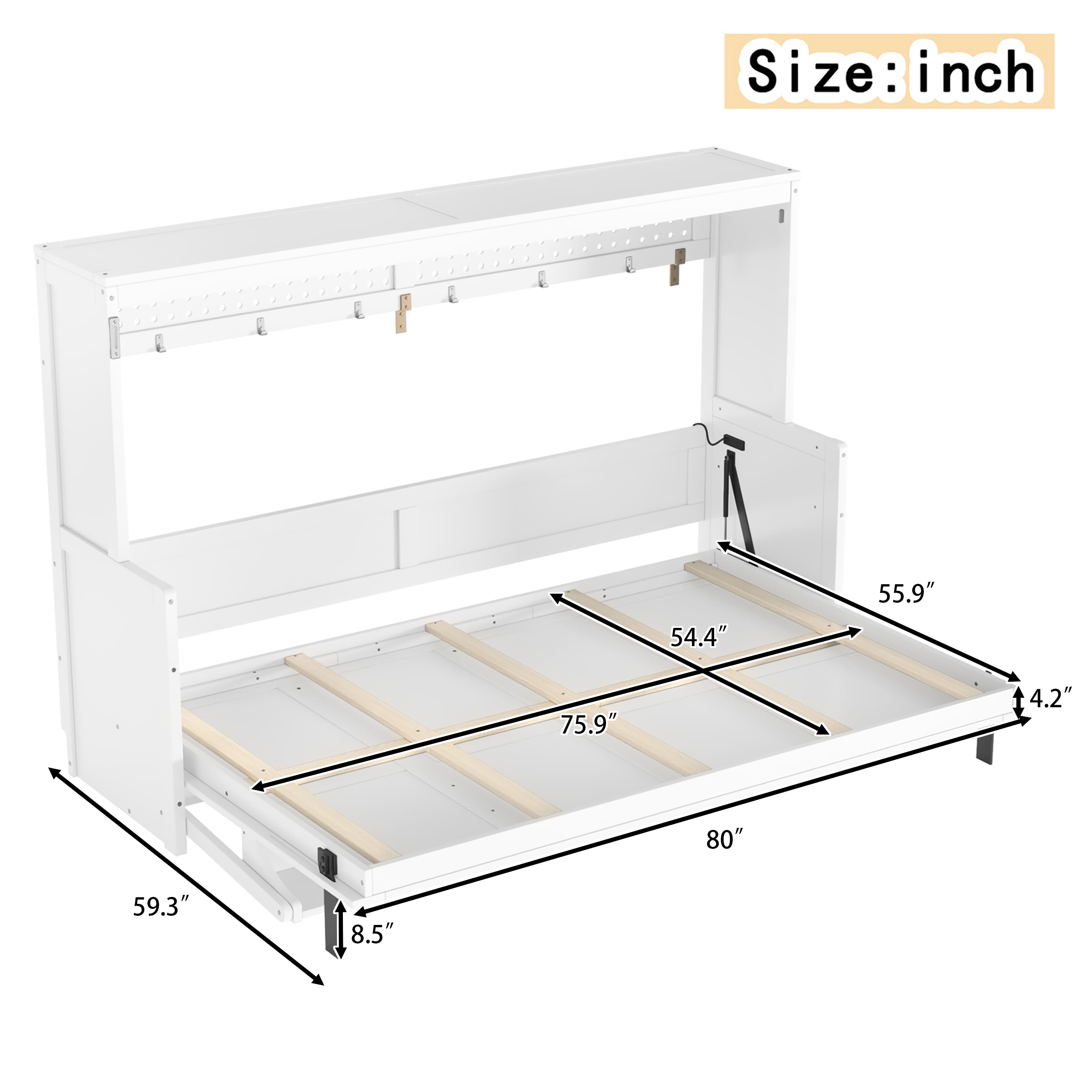 Mintazer Full Murphy Bed with Desk & Pegboard Storage, Farmhouse Foldable Bed with Charging Station & LED Lighting for Bedroom Guest Room, White