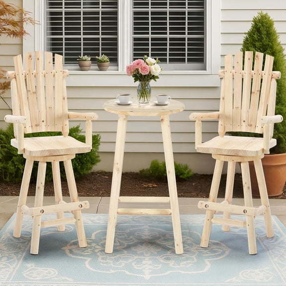 EPICOZY 3-Piece Patio Bar Set, Solid Log Wood Swivel Adirondack Chairs Set of 2 with Bar Height Table, 500 LBS Heavy Duty Rustic Outdoor Bistro Set for Porch, Deck, Pub, Cabin, Natural
