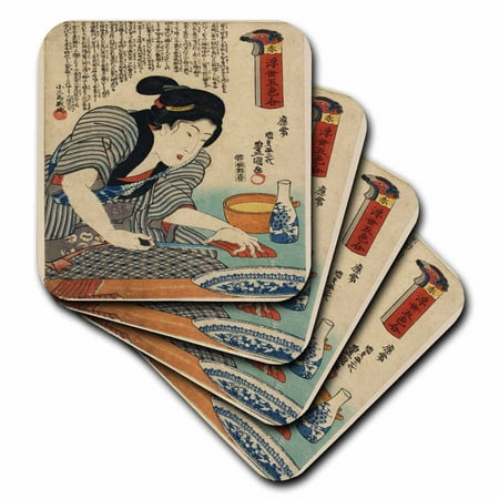 

3dRose Japanese Lady Cooking Fish - Soft Coasters set of 8