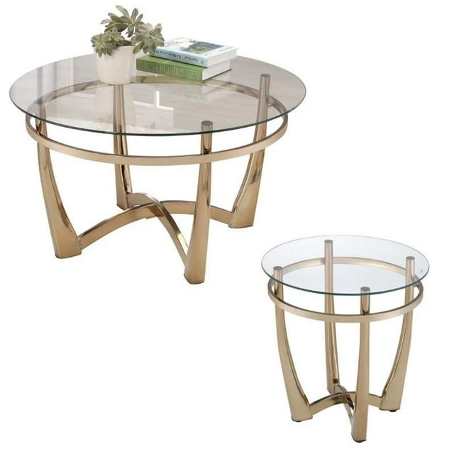 Orlando II 2 Pièces Table Basse Ronde en Verre et Table d'Appoint Sertie de Champagne