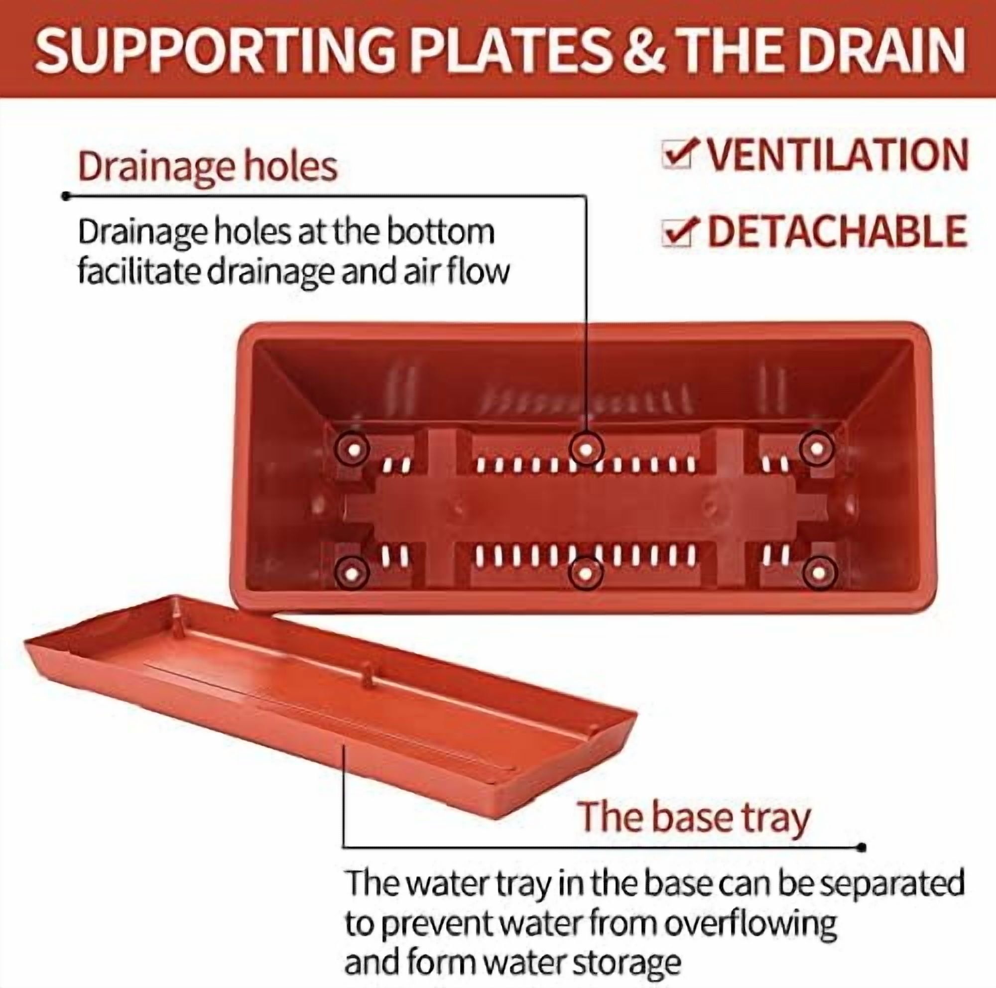Window Box Planter, 12 Pack Plastic Vegetable Flower Planters Boxes 17 Inches Rectangular Flower Pots with Saucers for Indoor Outdoor Garden, Patio, Home Decor (Brick red)