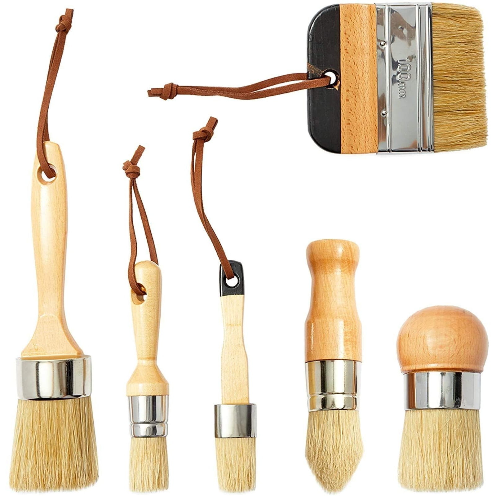 6-Piece Wax and Chalk Paint Brush Set for Furniture Waxing Painting, Natural Boar Bristle