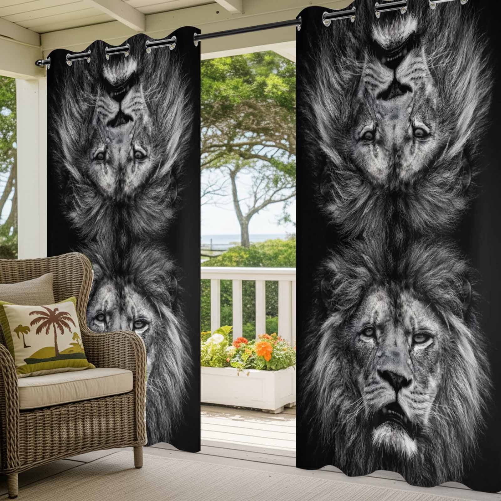 Lion Outdoor Curtains for Patio, Modern Minimalist Black White Powerful Wild Animal Lion Head Sunshade Privacy Drapes Grommet Waterproof Outside Curtains for Porch/Cabana/Balcony 54"x 108", 1 Panel