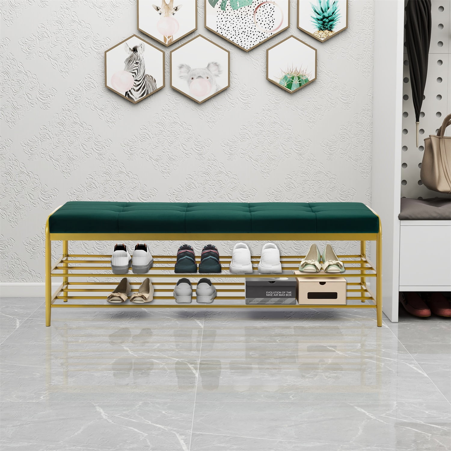 Kadyn Shoe Storage Bench, Coat Rack Shoe Bench with 2 Shelves, Large Shoe Rack Bench for Entryway, Dark Green Kadyn Shoe Storage Bench, Coat Rack Shoe Bench with 2 Shelves, Large Shoe Rack Bench for Entryway, Dark Green