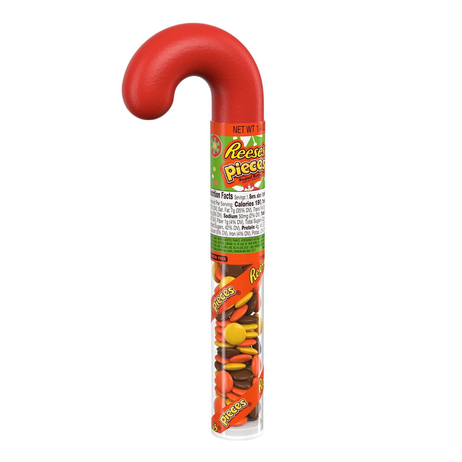 REESE'S, PIECES Peanut Butter in a Crunchy Shell Candy, Christmas, 1.4 oz, Filled Candy Cane