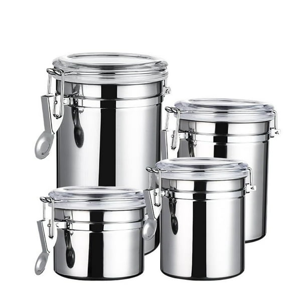 Juego de frascos de almacenamiento de alimentos de acero inoxidable | Recipientes de conservación herméticos para leche en polvo, granos de café, té • Cierre de hebilla • Pulidor de espejo • 4