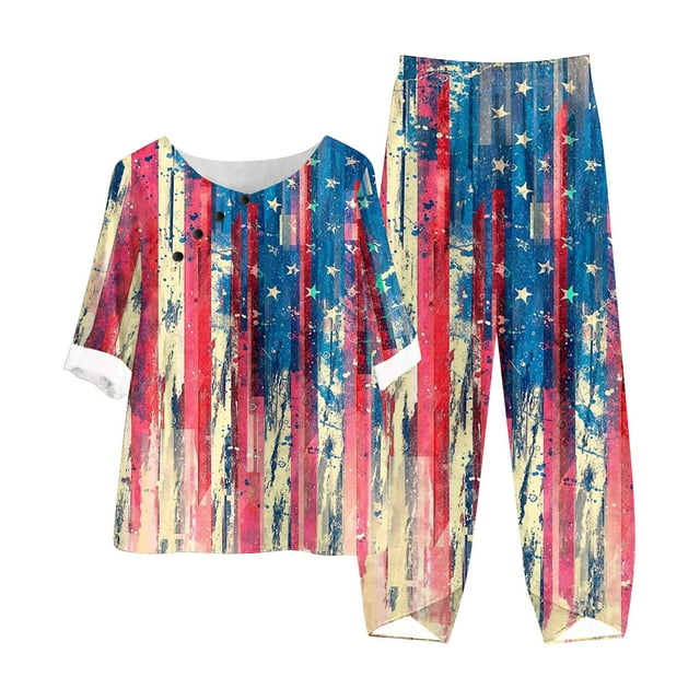 Two Piece Sets Womens Summer Women'S Summer Imprimé Manches Courtes Demi Manches Col Rond Recadrée Top + Pantalons Décontractés Ensemble Costume Two Piece Lounge Ensemble Grande Taille Sets sur l'Autorisation