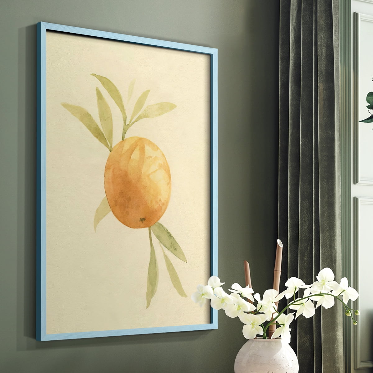 Dappled Oranges I Framed Print in Blue Solid Wood Framed Print No Nail Hanging