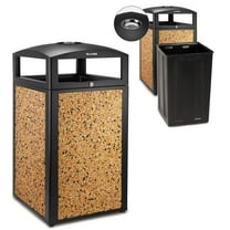 Alpine Outdoor Commercial Trash Can with Lid - 40 Gallon Heavy Duty Metal Garbage Can with Removable Bin, Locking Lid, Perfect for Park, Mall (Black, Brown Stone Panels with Tray)