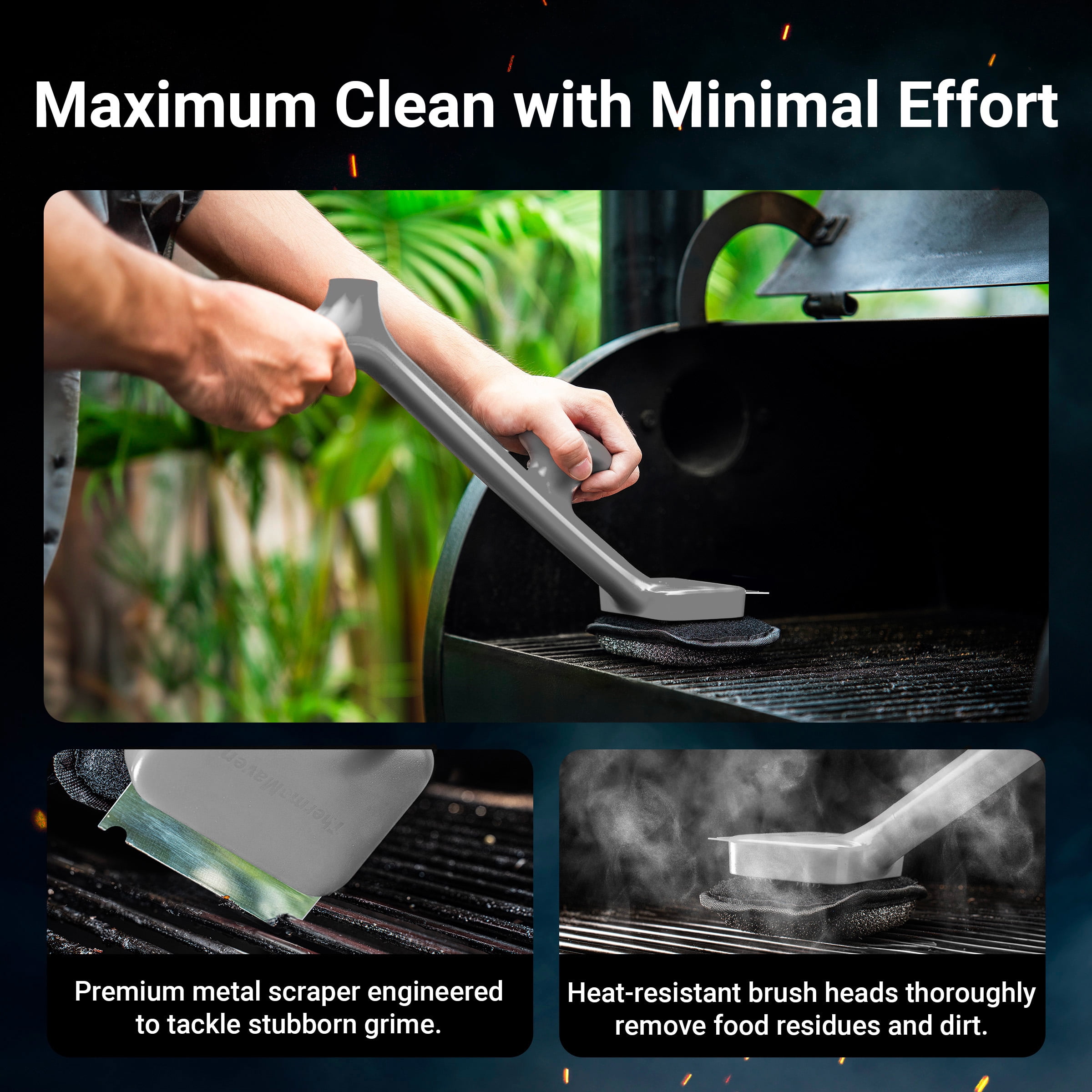 ThermoMaven Bristle-Free Steam Clean Grill Brush with Removable Replaceable Dishwasher Friendly Brush Heads and Heat Resistant Ergonomic Handle Designed to Keep Hands Safe Reduce Fatigue