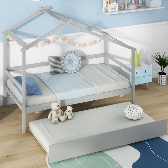 Gymax Twin House Bed w/ Trundle w/ Roof & Fence Rails Wooden Platform Bed Frame Grey