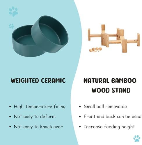 15° Slanted Ceramic Dog and Cat Bowl with Wooden Stand, Tilted Bulldog Food and Water Bowl No Slip Non-Spill for Cats Medium Dogs Big Face Pets 13.5 OZ (1.7 Cups, Green × 2)
