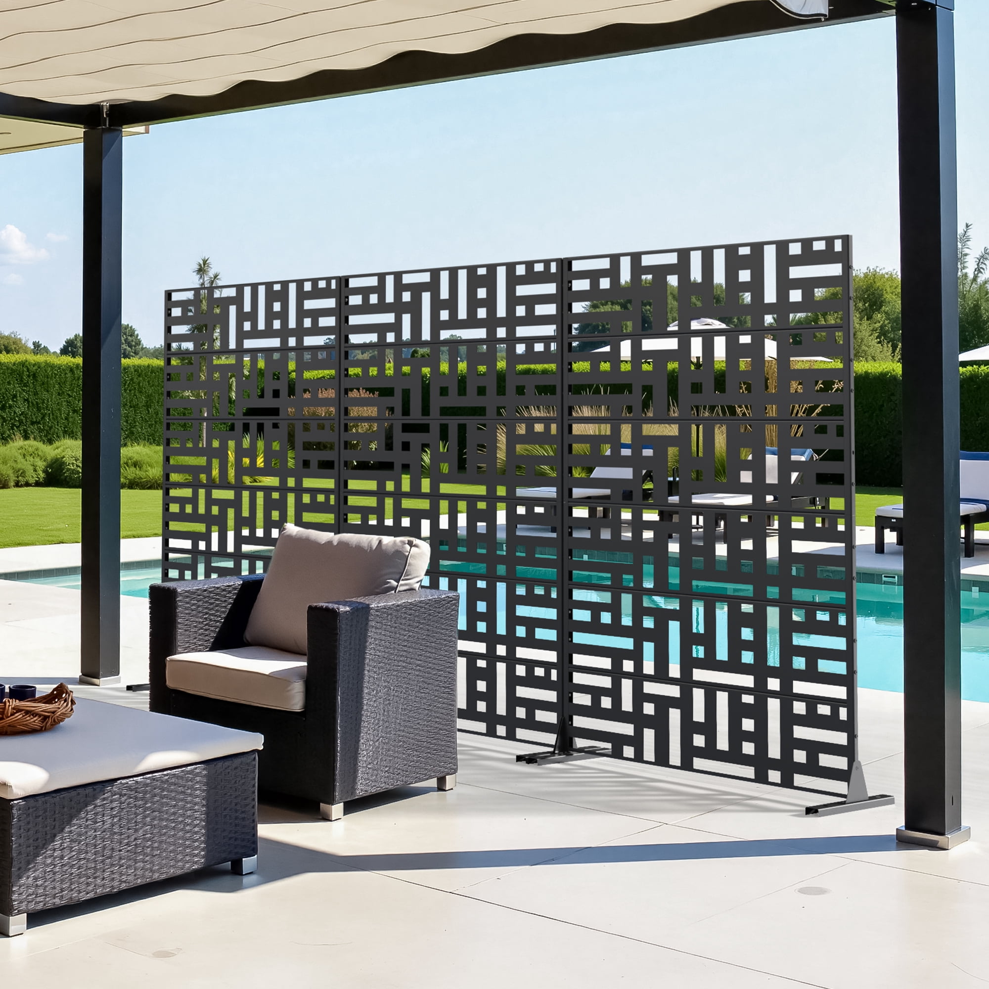 MAYEERTY 2-Piece 72×47" Outdoor Black Metal Privacy Panel Screen for Backyard & Garden, Geometric Maze Pattern